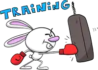 a cartoon rabbit wearing red boxing gloves punching a punching bag