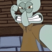 squidward from spongebob squarepants is standing in front of a brick wall and giving a fist bump .