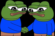 two green frogs shaking hands with one wearing a blue sweater