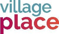 a logo that says village place in blue and red letters