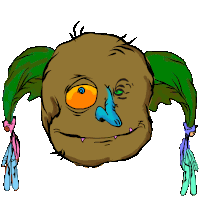 a cartoon drawing of a troll with a blue nose and green eyes