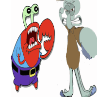 crab and squidward from spongebob squarepants are standing next to each other on a white background