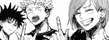 a black and white drawing of three anime characters standing next to each other and giving the peace sign .