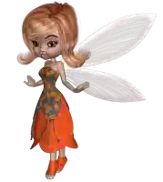 a cartoon fairy with wings is wearing an orange dress with leaves on it