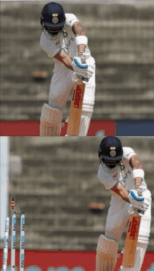 two images of a cricket player with a bat and a helmet that says paytm on it