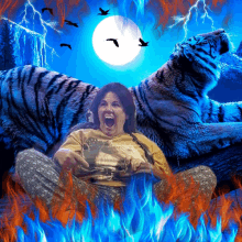 a woman is screaming while sitting in front of two tigers and flames