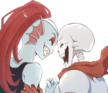 a drawing of a skeleton and a woman with red hair looking at each other with a watermark on the bottom