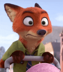 a cartoon fox is pushing a stroller and making a funny face