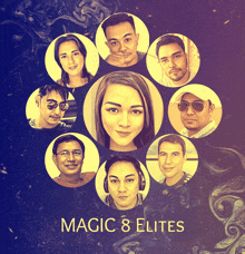 a poster for magic 8 elites features a group of people in circles