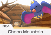 a blue and purple cartoon character with the name choco mountain on it