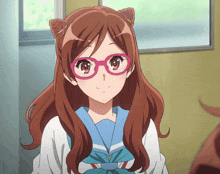 a girl with long brown hair wearing glasses and a bow