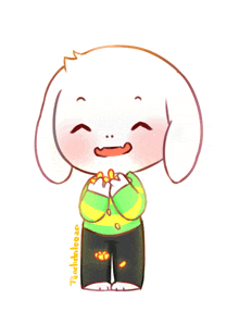 a drawing of a white rabbit with a green and yellow striped sweater and black pants