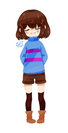 a drawing of a girl wearing a blue sweater with purple stripes and brown shorts