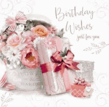 a birthday card with a bouquet of flowers and gifts on it .