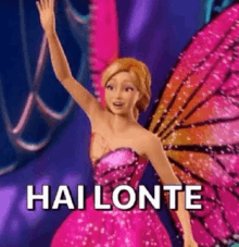 barbie is wearing a pink dress and butterfly wings and waving her hand .