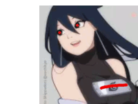 a girl with long black hair and red eyes is wearing a black shirt with a naruto symbol on it .