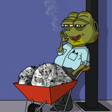 a cartoon character is smoking a cigarette while sitting in a wheelbarrow full of rocks