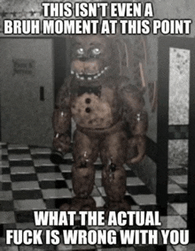 a freddy fazbear from five nights at freddy 's standing in a hallway with a checkered floor