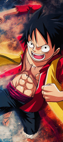 monkey d luffy from one piece shows off his muscles in a painting