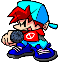 a cartoon boy is holding a microphone and wearing a red shirt with a white circle on it .