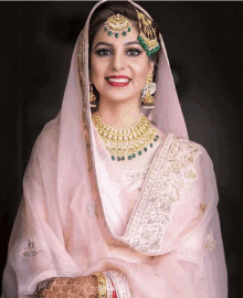 a woman wearing a pink veil and gold jewelry smiles at the camera