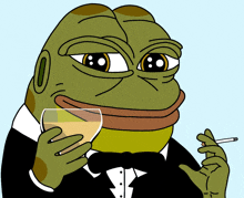 a frog in a tuxedo is smoking a cigarette and drinking a glass of wine