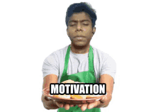 a man in a green apron is holding a plate of food with the word motivation written on it