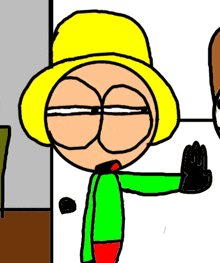 a cartoon character wearing a yellow hat and a green shirt