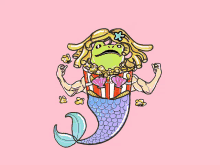 a frog in a mermaid costume is holding a popcorn bucket