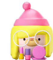 a cartoon character wearing a pink hat and glasses has lipstick and a mirror