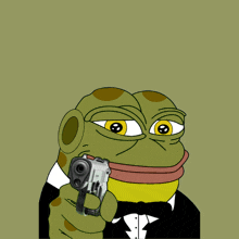 a cartoon frog is pointing a gun at the camera