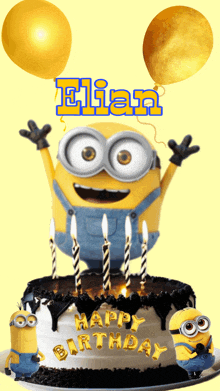 a birthday cake for elian with minions and balloons on it