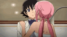 a man and a woman are kissing in a room in a anime .