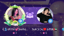 a purple background with a picture of two women and the words ls ofiya feeling