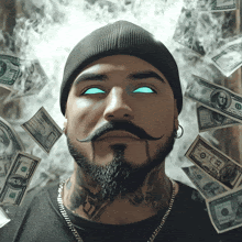 a man with a beard and a mustache is surrounded by hundred dollar bills