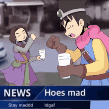 a cartoon of a man giving a cup of coffee to another man with the words news hoes mad on the bottom