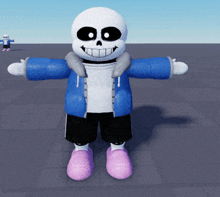 a cartoon character with a blue jacket and black shorts is standing with his arms outstretched