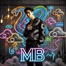 a man with a snake on his jacket is standing in front of a neon sign that reads mb