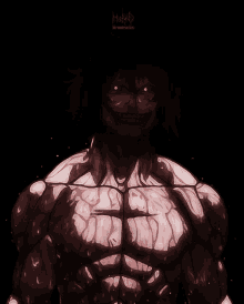 a drawing of a muscular man with blood on his torso and a smile