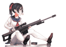 a girl is sitting on the ground holding a large rifle