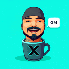 a cartoon of a man in a cup with a gm speech bubble above him