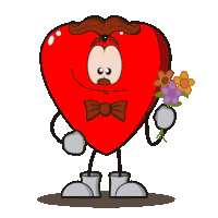 a cartoon heart with a mustache and bow tie holding flowers