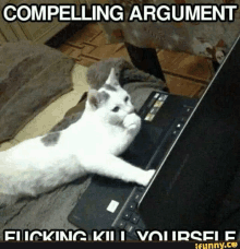 a cat is laying on a laptop with a caption that says compelling argument