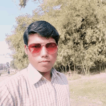 a young man wearing sunglasses and a plaid shirt is taking a selfie in a park .