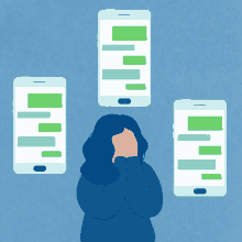 an illustration of a woman covering her face with her hands surrounded by cell phones with messages on them