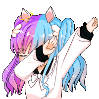 a drawing of a girl with purple and blue hair making a dab