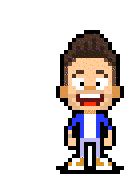 a pixel art drawing of a man with a blue jacket