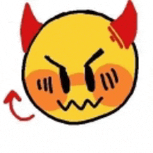 a yellow smiley face with red horns and an arrow pointing to the right .