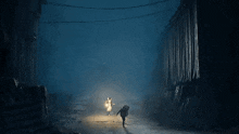 a man and a woman are running in a dark alleyway .