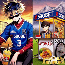 a boy wearing a sbobet jersey sits next to a sbobet food cart